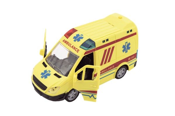 Auto ambulance plast 20cm na setrvačník na baterie se zvukem se světlem v krabici 26x15x12cm