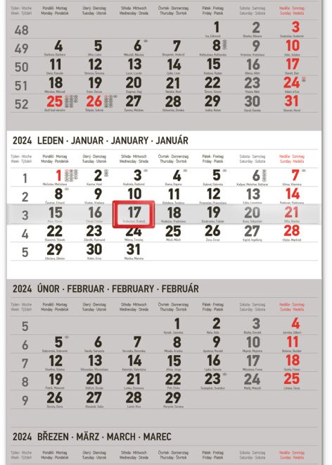 Nástěnný kalendář 4měsíční standard 2024, 29,5 × 57 cm
