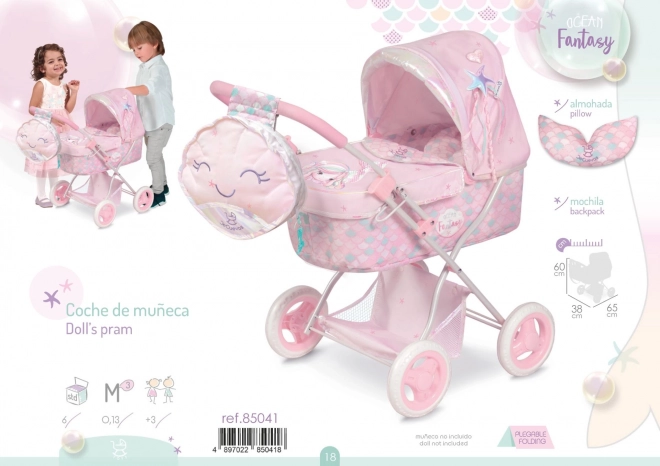 DeCuevas 85041 Skládací kočárek pro panenky s batůžkem a doplňky Ocean Fantasy 2021 - 60 cm