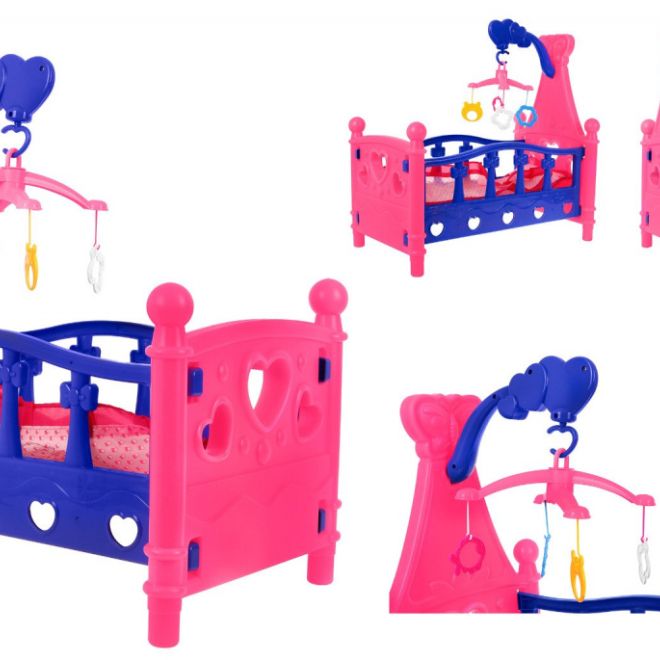 Dětská postýlka pro panenky pro děti 3+ Barevný kolotoč + Povlečení pro panenky + Hrací domeček