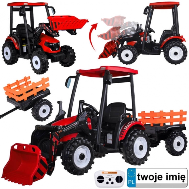 Velký elektrický traktor s přívěsem a lžící pro děti – Červená