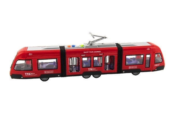 Tramvaj/Vlak plast 44cm na setrvačník na baterie se zvukem se světlem v krabici 48x17x11cm