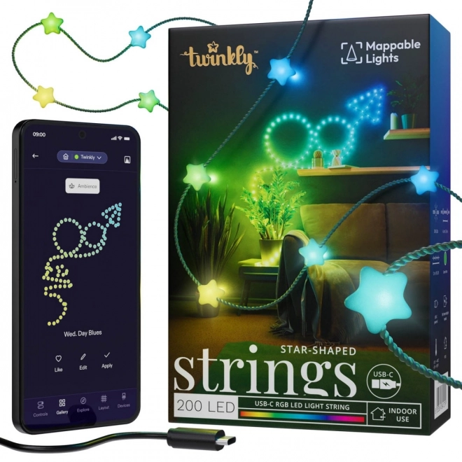 Řetězce chytrých dekorativních světel USB-C (Candies) 200 LED RGB, hvězdy, zelený kabel, 12 m