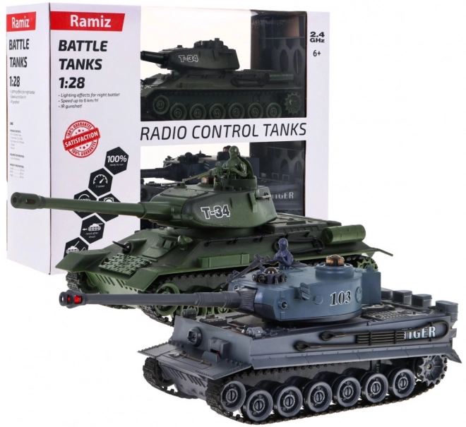 Dálkově ovládané 2 tanky T-34 vs. Tiger pro děti 3+ Střílecí modely 1:28 + Velká tanková bitva + Světelné zvuky