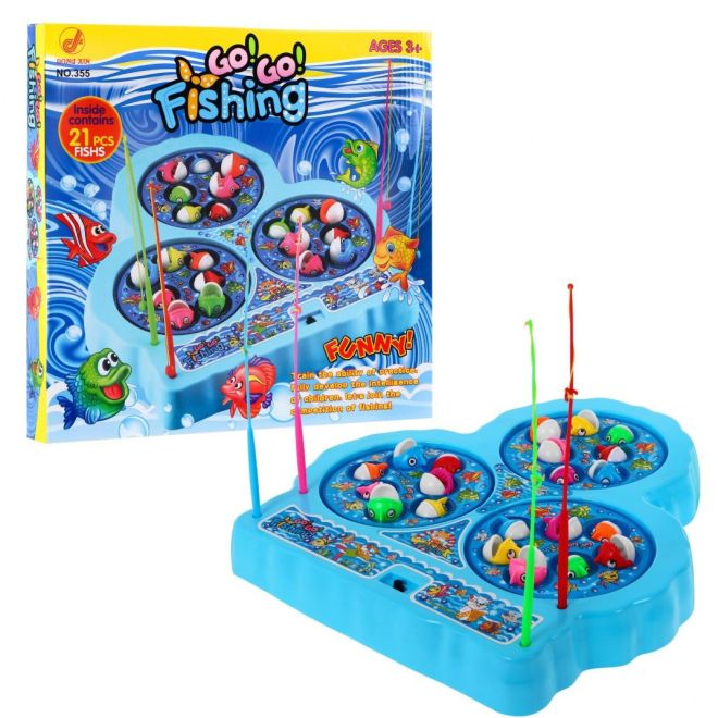Arkádová hra Chytání ryb pro děti 3+ modrá + 21 barevných ryb + 4 rybářské pruty + deska se 3 jezery