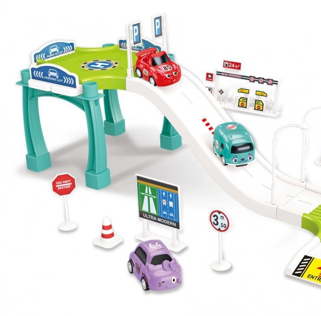 Parkovací garáž s autodráhou a čerpací stanicí Woopie