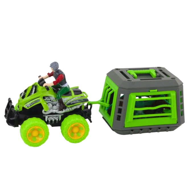Quad s řidičem a klecí na dinosaura
