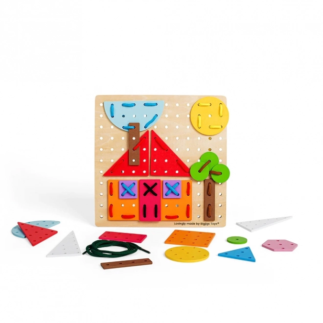 Bigjigs Toys Dřevěná šněrovací hra Geometrické tvary