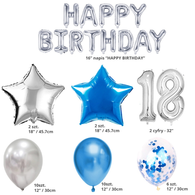 Stříbrná a modrá sada balónků k 18. narozeninám