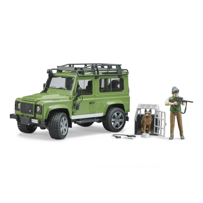 Bruder LAND ROVER DEFENDER s figurkou myslivce, psa a příslušenstvím