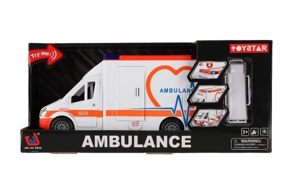 Auto ambulance plast 28cm s lehátkem na setrvačník se světlem se zvukem v krabici 39x18x12cm