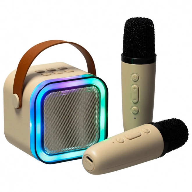 Karaoke set 2 mikrofony + přenosný reproduktor BLUETOOTH USB LED béžová barva