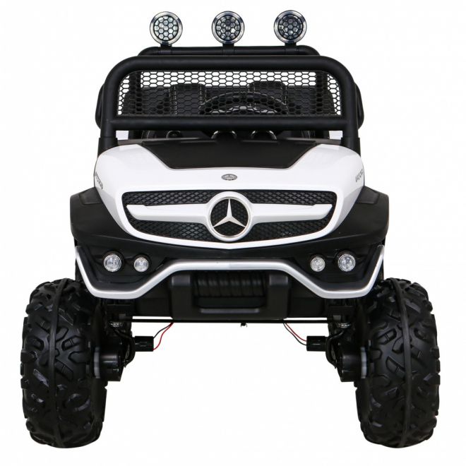 Mercedes Benz Unimog pro děti bílý + pohon 4x4 + dálkové ovládání + nosič zavazadel + pomalý start + MP3 LED