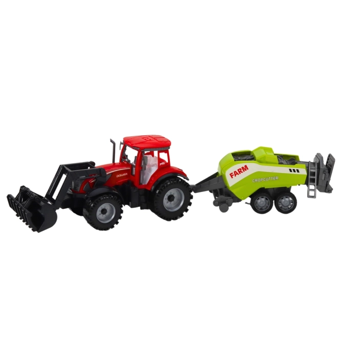 Červený traktor s nakladačem a balíkovačem