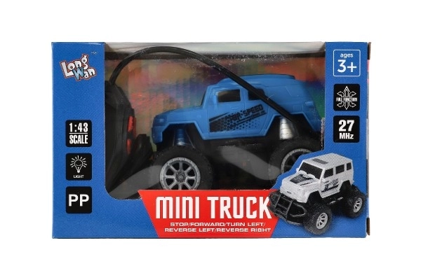 Auto RC mini truck plast 12cm 27MHz na baterie se světlem modré v krabici 18x11,5x10cm