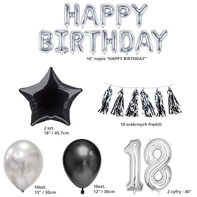 Stříbrná a černá sada balónků k 18. narozeninám