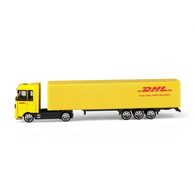 Auto kamion s návěsem DHL plast 19cm na volný chod v krabičce 20x6x4cm