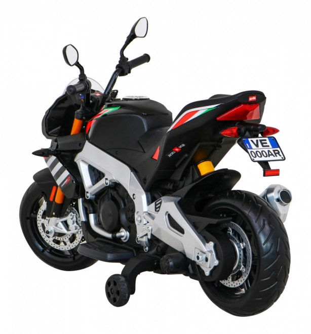 Aprilia Tuono V4 Dětský motocykl na baterie černý + panel MP3 + asistenční kolečka + pomalý start