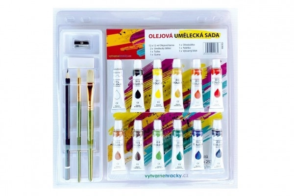 Barvy olejové 12ml  12ks se štětci 2ks s blokem s doplňky na kartě 31x31cm