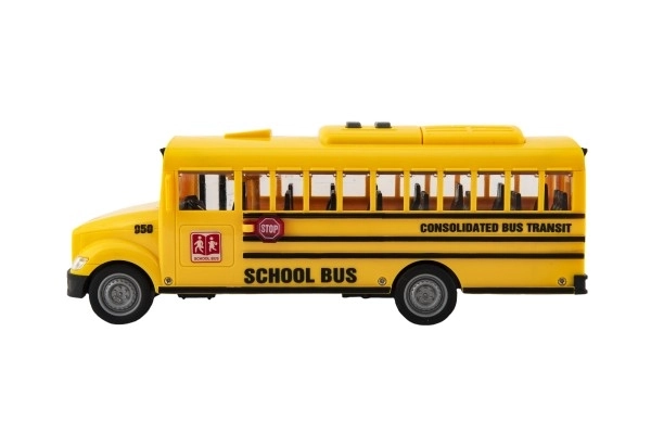 Autobus školní plast 27cm na setrvačník na baterie se světlem se zvukem v krabici 32x19x12cm