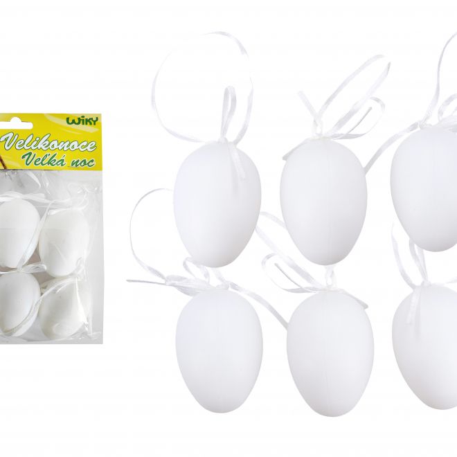 Vajíčko dekorační plastové bílé na zavěšení 6 cm, 6ks