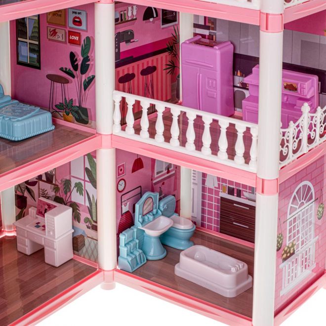 Růžový domeček pro panenky s nábytkem - 61 cm