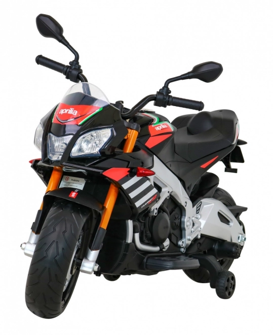 Aprilia Tuono V4 Dětský motocykl na baterie černý + panel MP3 + asistenční kolečka + pomalý start