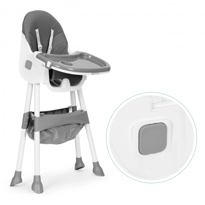 Dětská jídelní židlička s podnosem a košíkem, pětibodovým pásem, šedá, ECOTOYS