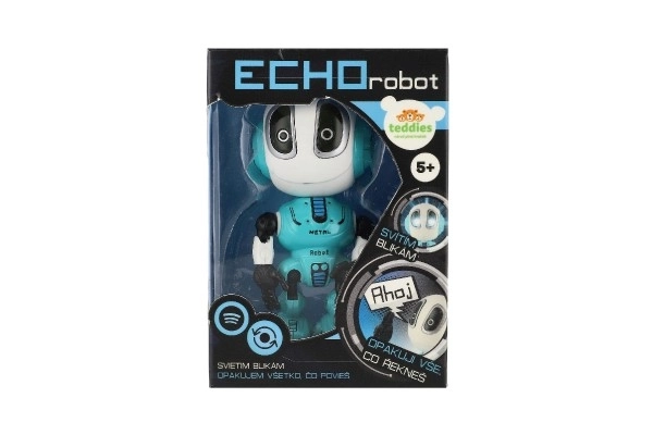 Robot ECHO opakující věty kovový 12cm modrý na baterie se zvukem se světlem v krabičce 10,5x15x5,5cm