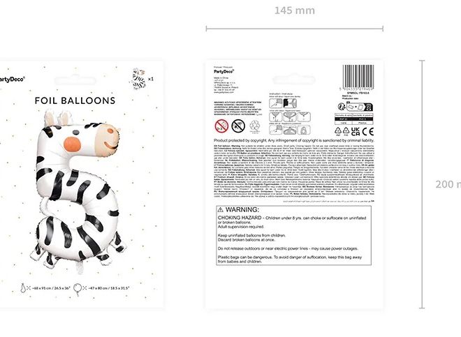Fóliový narozeninový balónek číslo 5 - Zebra 68 x 98 cm