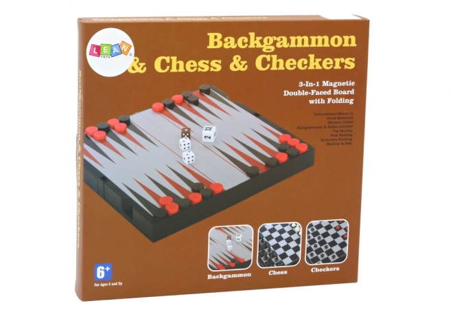 Herní sada 3 v 1 Magnetická deska Šachy Dáma Backgammon