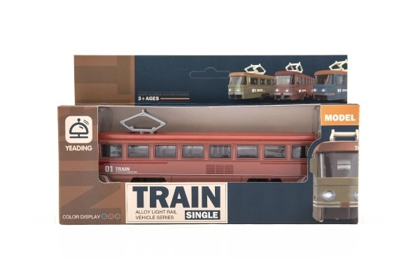 Vlak/tramvaj kov/plast 17cm na zpětný chod na bat. se zvukem se světlem v krabičce 22x13x6cm
