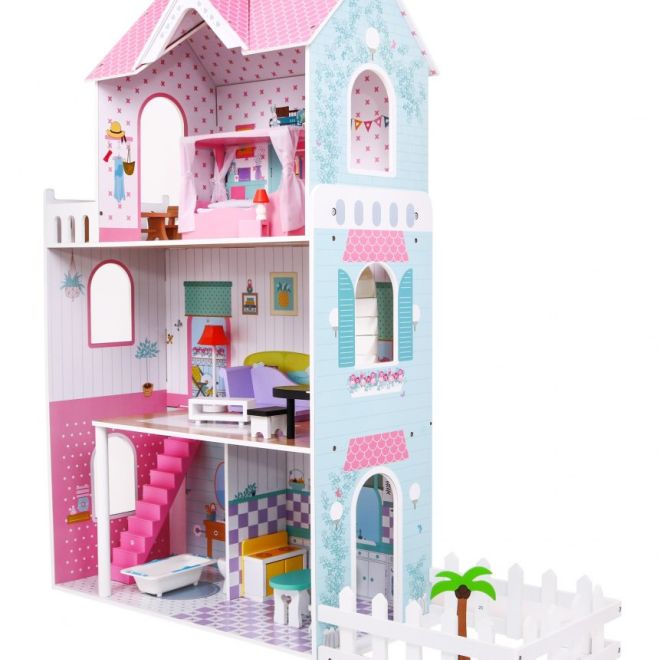 Velký dřevěný domeček pro panenky Růžový pro děti 3+ Příslušenství Nábytek + 3 patra