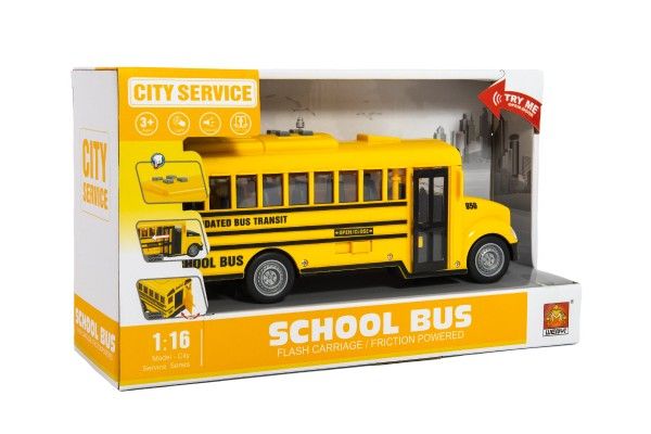Autobus školní plast 27cm na setrvačník na baterie se světlem se zvukem v krabici 32x19x12cm