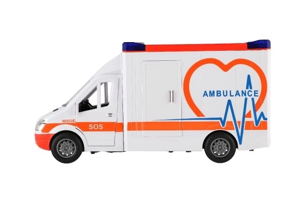 Auto ambulance plast 28cm s lehátkem na setrvačník se světlem se zvukem v krabici 39x18x12cm