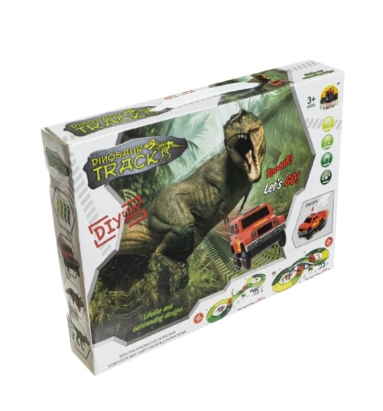 Dráha dino + auto 10x5cm plast 141ks na baterie s doplňky v krabici 35x27x6cm