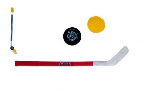 Hokejka plast 73cm s pukem a míčkem 2 barvy v síťce