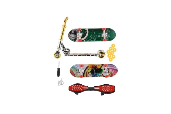 Sada skateboard šroubovací, koloběžka prstová, waveboard plast s doplňky mix druhů na kartě 16x30cm