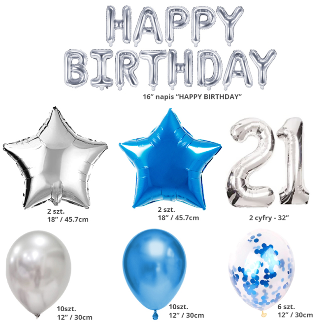 Sada balónků k 21. narozeninám stříbrná a modrá - 45 balónků
