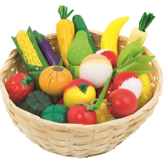 Dřevěné ovoce a zelenina v košíku o 21 kusech.