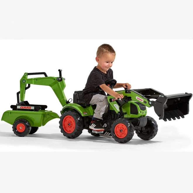 Šlapací traktor Claas Arion 410 s radlicí a zadní lžící a valníkem zelený