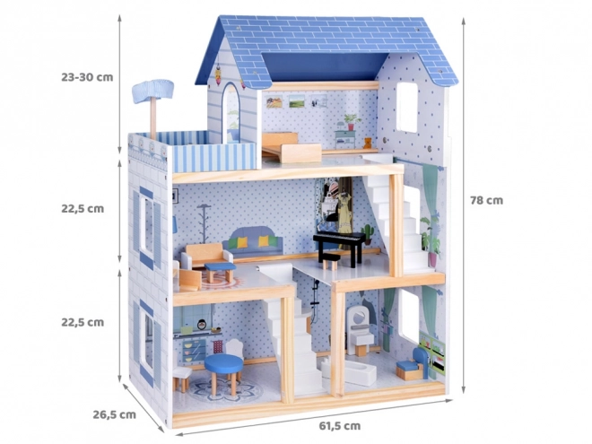 Modrý dřevěný domeček pro panenky + nábytek 3 patra ZA5273