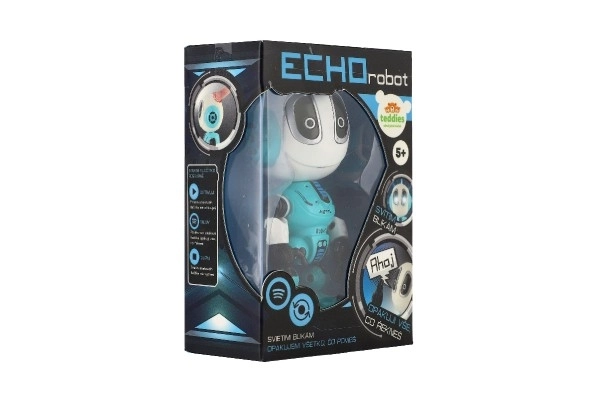 Robot ECHO opakující věty kovový 12cm modrý na baterie se zvukem se světlem v krabičce 10,5x15x5,5cm