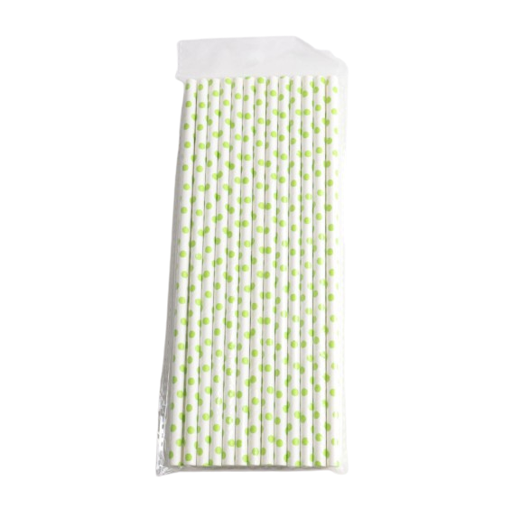 Bílá papírová brčka se zelenými puntíky - 25 kusů