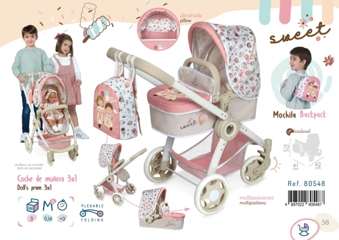 Skládací kočárek s batůžkem pro panenky 3v1 DeCuevas 80548 Sweet 2022 - 70 cm