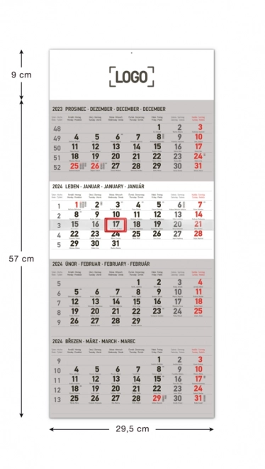 Nástěnný kalendář 4měsíční standard 2024, 29,5 × 57 cm
