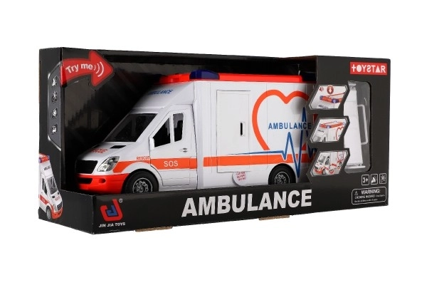 Auto ambulance plast 28cm s lehátkem na setrvačník se světlem se zvukem v krabici 39x18x12cm