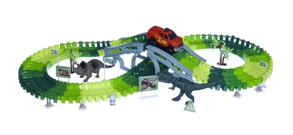 Dráha dino + auto 10x5cm plast 141ks na baterie s doplňky v krabici 35x27x6cm