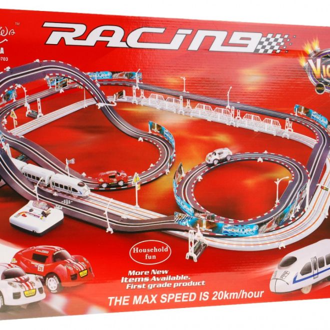 Elektrická železnice Racetrack 2v1 pro děti 6+ na dálkové ovládání + lokomotivy + vagóny + autíčka
