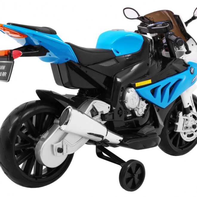 BMW S1000 RR Dětský motocykl na baterie modrý + asistenční kolečka + opěrka nohou